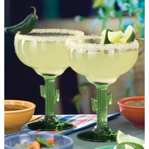 2 Vintage Libby Cactus Margarita Glasses- 16oz Green Glass Stem -never Used - Picture 1 of 5